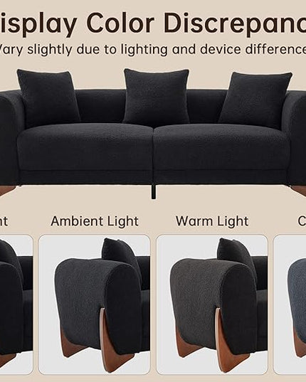 Morden Fort Modern Cloud Couch - 3 Seater Sherpa Boucle Sofa with Wood Legs, Ultra-Thick High Resilience Cushion with 3 Matching Pillows Upholstered Comfy Couch Sofa for Living Room - Black