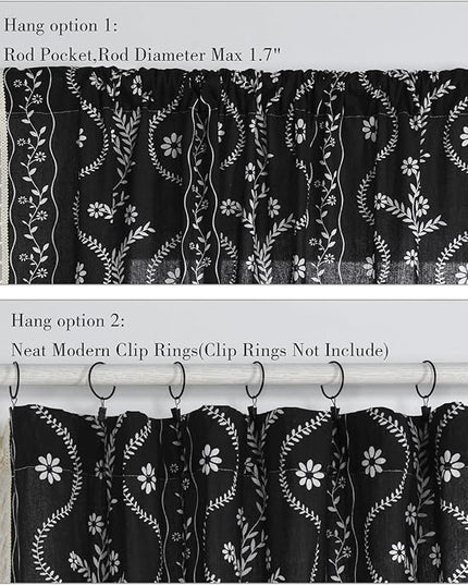 Boho Curtains for Living Room 63 Inches Long Semi Sheer Linen Floral Curtains Vintage Farmhouse Window Curtain 2 Panel Sets for Dining Room Kitchen Black