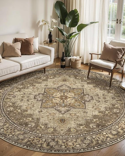Ciicool Boho Circle Area Rug Washable 6x6ft Round Bedroom Rug Non-Slip Oriental Throw Rug Low-Pile Floor Carpet for Dining Room Living Room