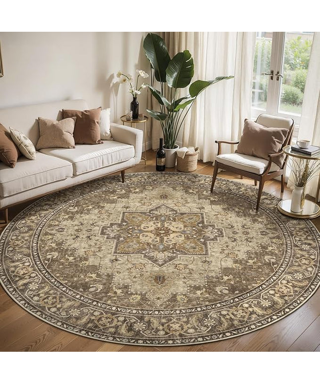Ciicool Boho Circle Area Rug Washable 6x6ft Round Bedroom Rug Non-Slip Oriental Throw Rug Low-Pile Floor Carpet for Dining Room Living Room