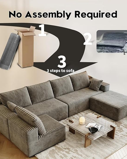 139.4" Modular Sectional Sofa, U-Shaped Minimalist Couches with Ottoman and Middle Seat, Modern Deep Seat Convertible Sleeper Sofa Bed, Reversible Chaise, Cloud Plush Corduroy Fabric,6 Seater, Camel