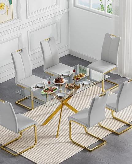 7 Piece Glass Dining Table Set, Glass Kitchen Dining Room Table Set for 6, 61" Modern Rectangular Gold Glass Metal Dining Table with 6 Grey PU Leather Dining Chairs for Kitchen Dining Room