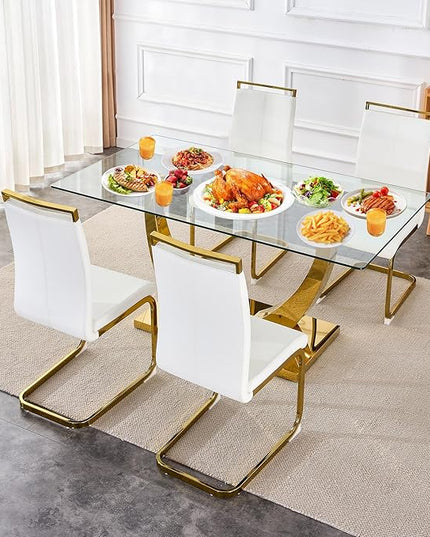 63” Glass Dining Table Set for 4,Gold Dining Room Table Set for 4,Modern Kitchen Table and PU Leather Chairs for 4, Dinner Table with Rectangle Tempered Glass Top and Golden Base