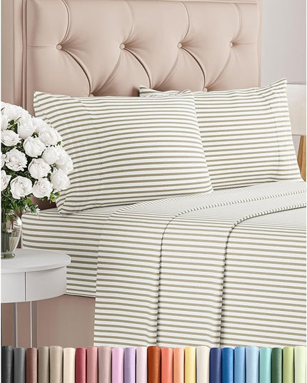 Full Size 4 Piece Sheet Set - Comfy Breathable & Cooling Bed Sheets Set - Hotel Luxury Bedding for Women, Men, Kids, Teens, Boys & Girls - Deep Pockets, Soft, Wrinkle Free - Oeko-Tex - Beige Stripes 2