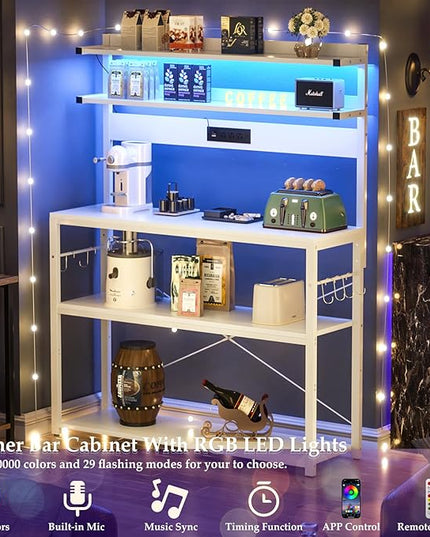 Aheaplus Bakers Rack with Power Outlet, Microwave Stand, 5 Tiers Coffee Bar Station with Led Lights, Kitchen Storage Shelf with 6 S-Shaped Hooks, Kitchen Rack Coffee Bar Stand, White