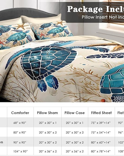 Comforter Set Queen Size, Ocean Coral Sea Turtle 7 Pcs Bedding for Kids and Adults, Blue Shell Animal Bed Sheet Sets with Fitted Sheet 2 Pillowcases & 2 Shams for Bedroom Bed Decor