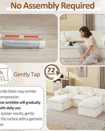 115'' Cloud Boneless Sectional Couch, Modular Sectional Sofa Deep Seat with 2 Ottomans, Oversized Upholstered Convertible Comfy 5 Seater Chenille Sofa U Shape Couches for Living Room, Beige