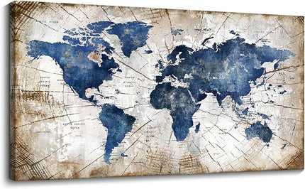 World Map Canvas Wall Art Abstract Navy World Maps for Wall Vintage Modern Wall Art for Office Framed Pictures for Living Room Bedroom Wall Decoration for Home Office Decor Artwork for Walls 24x48IN
