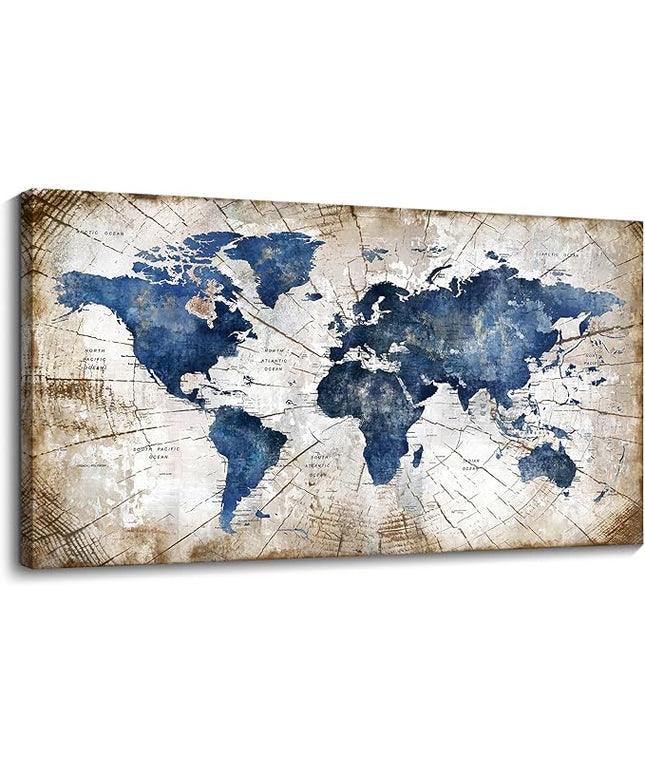 World Map Canvas Wall Art Abstract Navy World Maps for Wall Vintage Modern Wall Art for Office Framed Pictures for Living Room Bedroom Wall Decoration for Home Office Decor Artwork for Walls 20x40IN