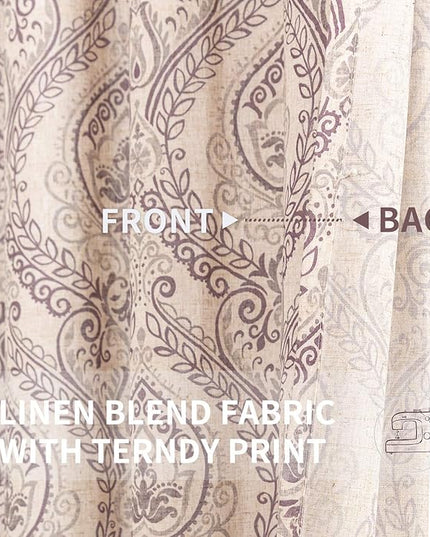 jinchan Linen Blend Curtains for Living Room, Damask Medallion Pattern Curtains 63 Inch Length 2 Panels Set for Bedroom, Light Filtering Drapes, Vintage Print Window Treatments, Back Tab Purple