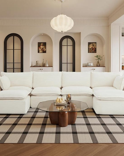 108" Sectional Couches for Living Room Boneless Couch Upholstered Cloud Couch Sectional Modular Sectional Sofa with L Shaped (Corduroy-White, 4 Seat+2 Ottoman)