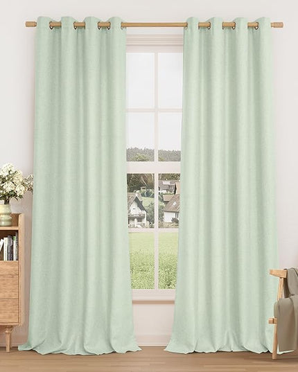 LAMIT Light Green Linen Curtains for Bedroom, Grommet Thermal Insulated Faux Linen Curtains Light Reducing Window Treatment Drapes for Living Room/Outdoor, Set of 2 Panels, W52 x L90