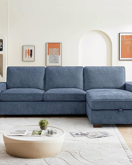 PARKOL 102" L-Shaped Sectional Couch with Storage, Sofa with Reversible Chaise, USB Type-C Charging, Chenille Fabric, Removable Cushion Covers, for Small Space, Apartment, Living Room, Blue