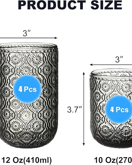 Grey Drinking Glasses Set of 8, 12 Oz Highball & 10 Oz Cocktail Glasses, Gray Kitchen Vintage Glassware Set, Floral Embossed Glass Tumbler Cups for Water, Beer, Juice, Whiskey, Coffee