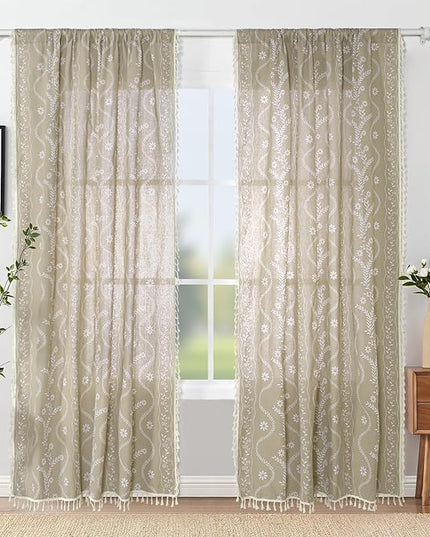 Tan Boho Curtains 96 Inch Length Linen Curtains for Living Room 2 Panels, Vintage Farmhouse Printed Floral Curtain Rustic Curtain Drapes