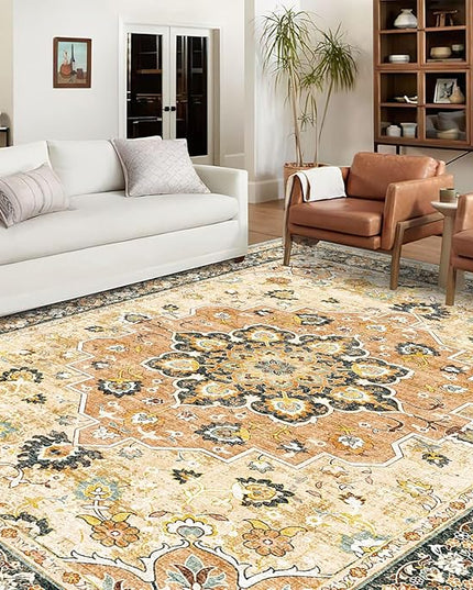 Washable Oriental Area Rug - 9x12 Rugs for Living Room Soft Carpet for Bedroom Waterproof Floral Distressed Indoor Stain Resistant Non-Shedding Floor Carpets (Orange, 9x12)