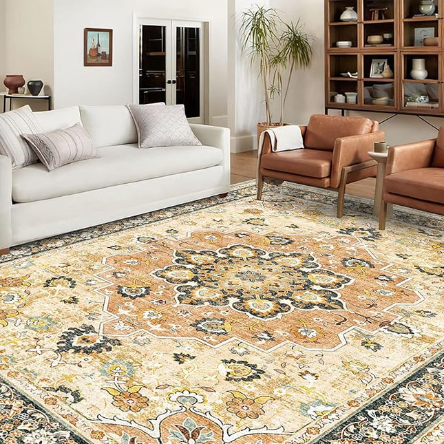 Washable Oriental Area Rug - 9x12 Rugs for Living Room Soft Carpet for Bedroom Waterproof Floral Distressed Indoor Stain Resistant Non-Shedding Floor Carpets (Orange, 9x12)