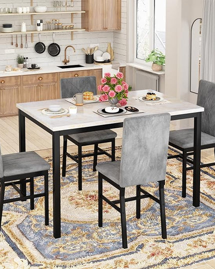 Hooseng Dining Table Set for 4 Faux Marble Kitchen Table and Chairs Set of 4,5 Piece with Velvet Upholstered Dinner Chairs for Compact Dining Room,Small Space,Grey