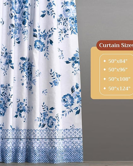 Maison d'Hermine Curtains for Living Room 100% Cotton 96 inch Length Two Panels Window Curtains for Bedroom with Loop & Rod Pockets - Rose Garden - Blue, 50" W x 96" L