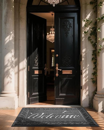 Yimobra Welcome Mat, Heavy Duty Sturdy Door Mats for Home Entrance Outdoor Indoor, Front Doormat for Outside Patio Floor Entry Porch Garage Office, Waterproof, Low Profile, 60 x 36, Black Grey