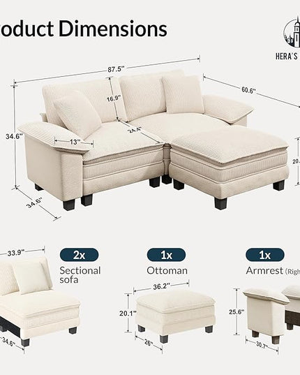 HERA'S HOUSE 88" Modular Sectional Sofa, L Shaped Couches for Living Room, Comfy Cloud Couch with Ottoman, 3-Seater Deep Seat Sofa with Throw Pillow, Corduroy and Chenille Beige