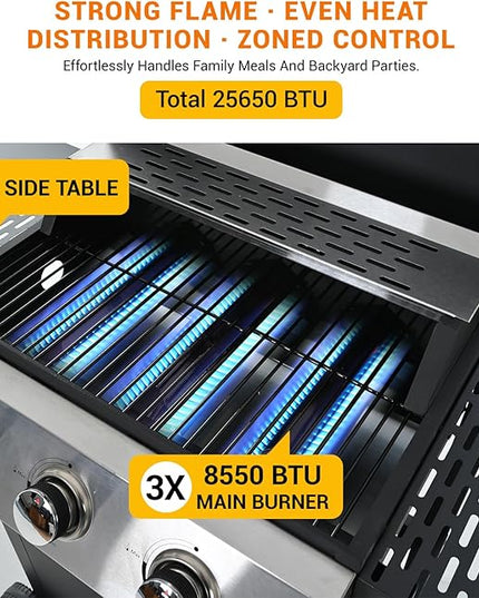 Stainless Steel 3-Burner Gas Grill, 25650 BTU Outdoor BBQ Grill with Side Table, 338 sq.in Cooking Area, Perfect for Patio, Deck & Family Barbecues