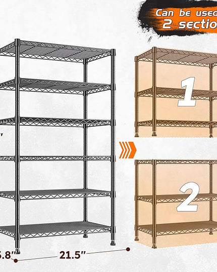 REIBII 6-Tier Metal Shelving Unit Storage Shelves, Sturdy Wire Shelving Adjustable Deep Pantry Shelves Load 800LBS Storage Rack for Kitchen Pantry Closet, Keep Organized, 2 Pack