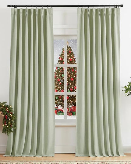 Vision Home Soft Green Pinch Pleated Full Blackout Curtains Linen Blended Room Darkening Curtain Panels 95 inch for Living Room Bedroom Thermal Insulated Pinch Pleat Drapes with Hooks 40" Wx95 Lx2