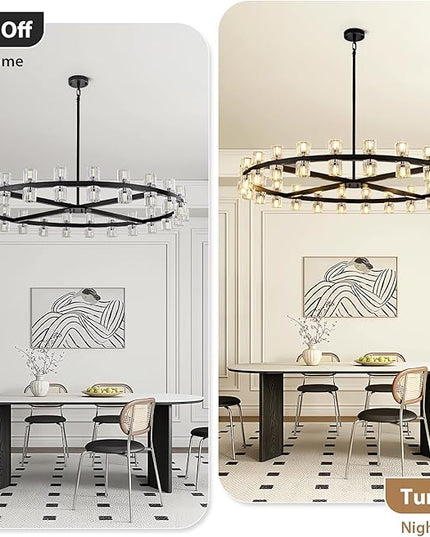 48'' Modern Large Chandelier, 48-Light Elegant Crystal Chandeliers for Dining Room, Black Farmhouse Round Wagon Wheel Pendant Lighting Fixture with Glass Shade for Living Room High Ceilings Entryway
