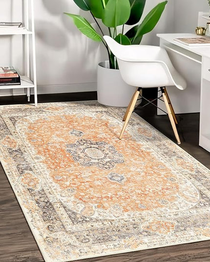 Boho Rug 3x5,Washable Area Rugs for Bedroom Living Room Kitchen Entryway,Small Vintage Bohemian Farmhouse Distressed Non Slip Carpet,Retro Orange Grey Floral