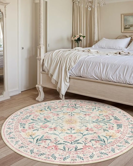 Wonnitar Washable Round Rugs 6ft, Pink Floral Circle Rug Large Round Carpet for Bedroom, Boho Soft Ultra-Thin Circular Carpets for Kids Playroom Living Room Nursery