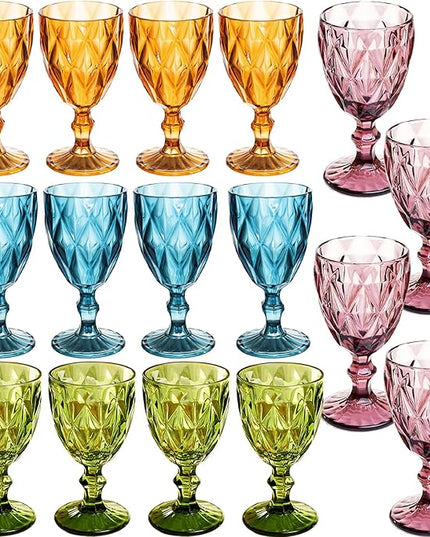 16 Pack Vintage Wine Glasses, Plastic Reusable 12 Ounce Colored Water Goblets, Unique Embossed Pattern Unbreakable Stemmed Wine Glasses, High Clear Wedding Party Bar Drinking Cups Multicolor