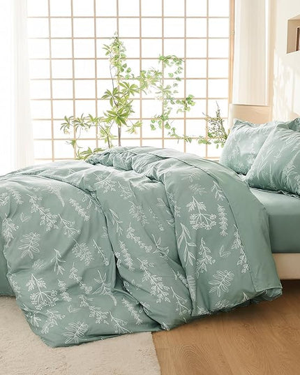 MUXHOMO Full Comforter Set, Sage Green Elegant Floral Print Bed in a Bag 7 Pieces, Ultra Soft & Breathable Reversible Botanical Pattern Bedding Set with Comforter, Sheets, Pillowcases, and Shams