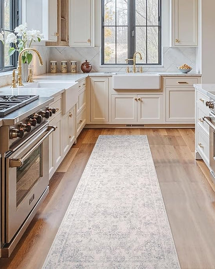 jinchan Runner Rug 2x6 Kitchen Rugs Hallway Runner - Machine Washable Vintage Floral Non-Slip, Low Pile Soft Ultra-Thin Distressed Carpet for Entryway Farmhouse Bedroom Laundry Room (2’x6’, Ivory)