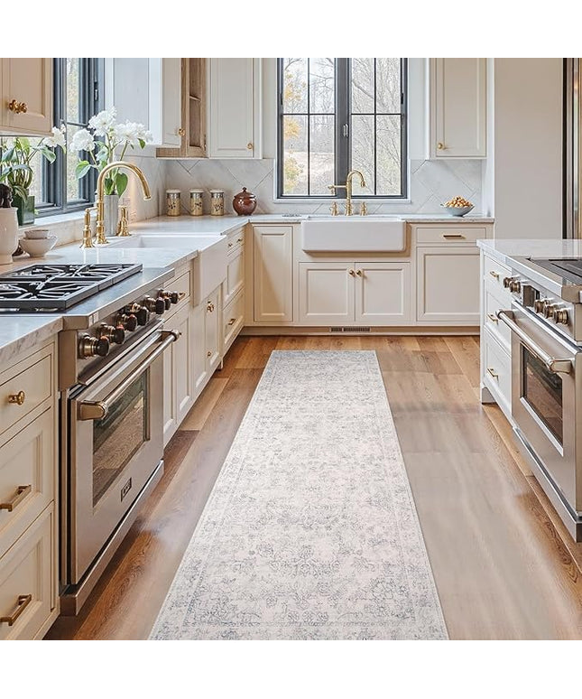 jinchan Runner Rug 2x5 Kitchen Rugs Hallway Runner - Machine Washable Vintage Floral Non-Slip, Low Pile Soft Ultra-Thin Distressed Carpet for Entryway Farmhouse Bedroom Laundry Room (2’x5’, Ivory)