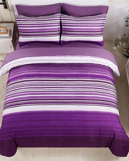 KAKIJUMN 5 Piece Bed in a Bag Stripe Comforter Set Twin Size, White and Purple Patchwork Striped Comforter and Sheet Set, All Season Soft Microfiber Complete Bedding Sets(Purple,Twin)