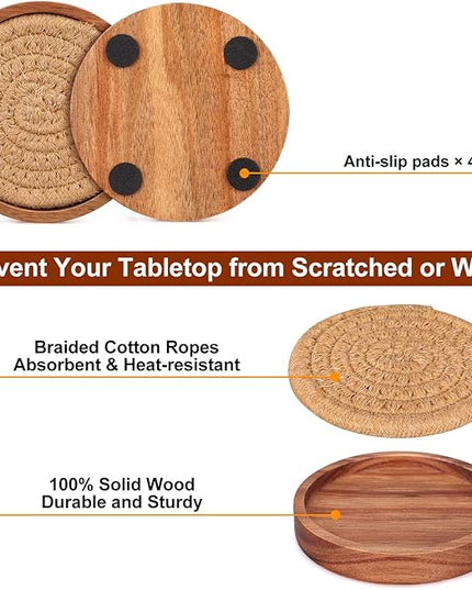 5 Pcs Best Absorbent Wooden Coasters Set - 4 Inches Brown Woven Coaster Modern Acacia Wood Coasters for Drinks, Coffee Table Decor, Farmhouse, Bar, Office, Beer, Kitchen, Dining Room, Outdoor, Desk