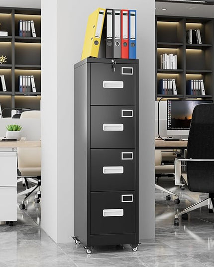 METAN 4 Drawer File Cabinet on Wheels, Lockable Metal Filing Cabinet with Handle and Name Card for Office Home,Assembly Required,Black