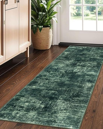IOHOUZE Abstract Runner Rug 2x5 Ft Washable Runners for Hallways, Non Slip Kitchen Runner Printed Faux Wool Entryway Runner Indoor, Modern Abstract Floor Carpet for Hall Kitchen Bedroom, Dark Green