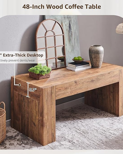 OKD 48" Modern Farmhouse Coffee Table, Wooden Living Room Table with Hidden Storage Drawer, Rustic Rectangular Center Tables w/Wood Thick Design for Living Room, Office, Gold Rustic Brown