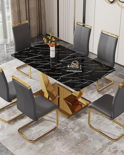 63” Dining Room Table Set for 6,Modern Gold Dining Table Set for 6 with PU Leather Chairs,Black Faux Marble Dinner Table Set with Tempered Glass Top and Golden Base