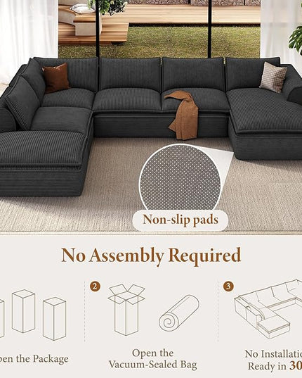 Vesgantti 141.7" Oversized Boneless Sectional Couch, Modern 7 Seater Modular Sofa with Chaise, Deep Seat Convertible Corduroy Cloud Couches for Living Room, No Assembly Required, Black