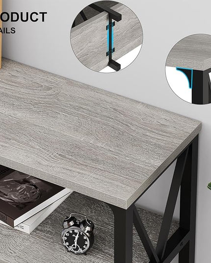 LVB Industrial Entryway Table, Farmhouse Rustic Console Table Behind Couch, Long Metal Wooden Sofa Table with Storage Shelf, Modern Foyer Hallway for Living Room Bedroom, Light Grey Oak, 63 in