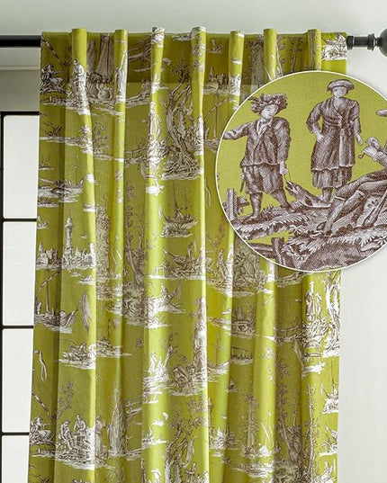 Maison d' Hermine Curtains for Living Room 100% Cotton 84 inch Length One Panel Light Filtering Toile Curtains for Bedroom Windows with Rod and Loop Pockets Drapes (Calais Celery, 50" W x 84" L)