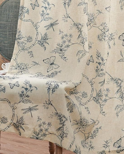 Lazzzy Linen Blue Floral Farmhouse Curtains 96 Inches Long Drapes for Living Room Bedroom Pattern Light Filtering Country Vintage Curtain Grommet Top, 2 Panels, Blue on Beige