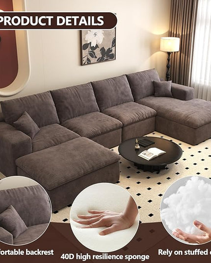 136.6'' U-Shaped Modern Modular Sectional Cloud Couch Whit Ottoman, 4-Seat Chenille Deep-Seat Sofa with Pillow for Living Room, Bedroom, Apartment, Camel