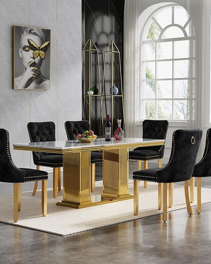 HomVent Rectangle Dining Table Set, Modern 68.11" Faux Marble Table Top & Stainless Steel Base (White with 6 Black Chairs, 7 Pieces)