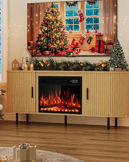 65" Fluted Fireplace TV Stand for TVs Up to 75 inches, Modern Entertainment Center with 23" Electric Fireplace, Wooden Curved TV Console with Sliding Doors for Living Room, Natural Oak