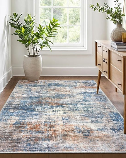 IOHOUZE Abstract Area Rug 4x6 Ft Washable Rugs for Entryway Indoor, Non Slip Small Living Room Rugs Printed Faux Wool Throw Rug, Floor Carpet for Kitchen Nursery Playroom, Blue Rust