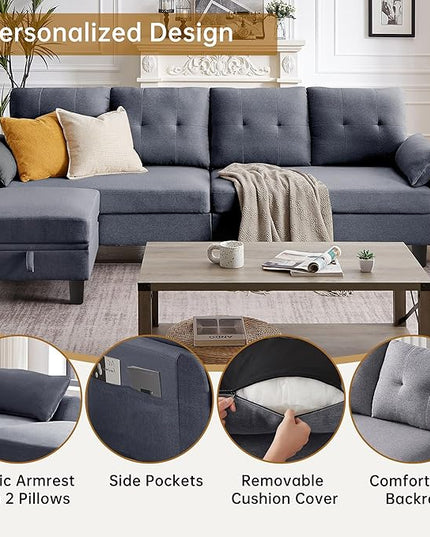 Convertible Sectional Sofa,Modern 4-Seat L Shaped Couch with Storage Ottoman,Linen Fabric Sofa Set for Living Room, Light Gray